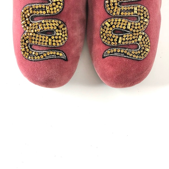 Gucci Pink Velvet Water Snake Crystals Embellished Slip On Mules Flats Slides 37 - Picture 4 of 12
